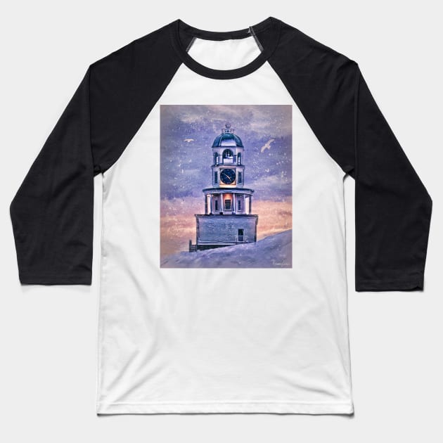 Snowy Winter's Day For Town Clock Baseball T-Shirt by kenmo